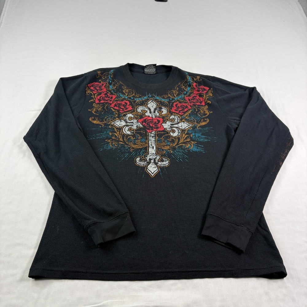MMA Elite Shirt Mens Large Black Thermal Cross Graphic Grunge Skater Y2K
